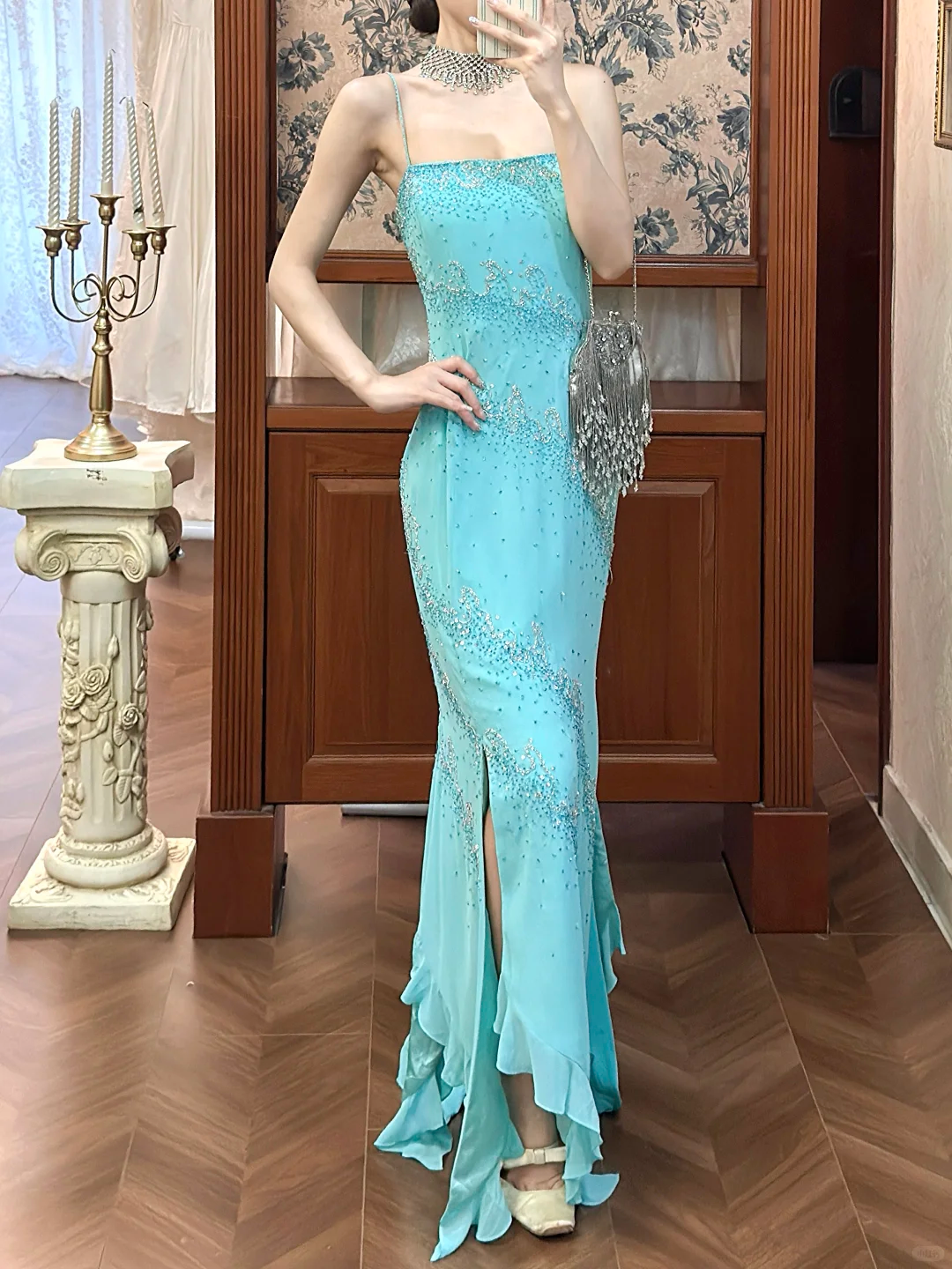 Glamorous Open-Back Aqua Mermaid Beaded Prom Dress DP7941