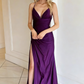 Elegant V-Neck Satin Mermaid Prom Dress with Slit Formal Evening Gown for Wedding Guest DP1290