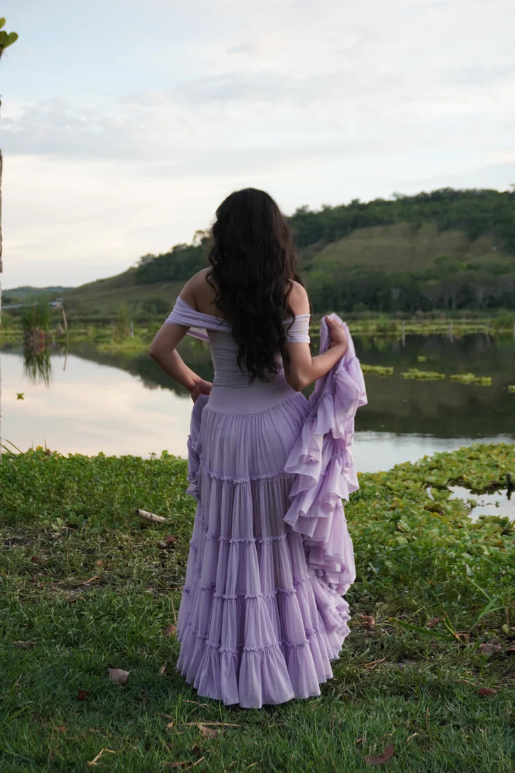 Elegant Lavender Off-the-Shoulder Tiered Tulle A-Line Prom Dress DP8457