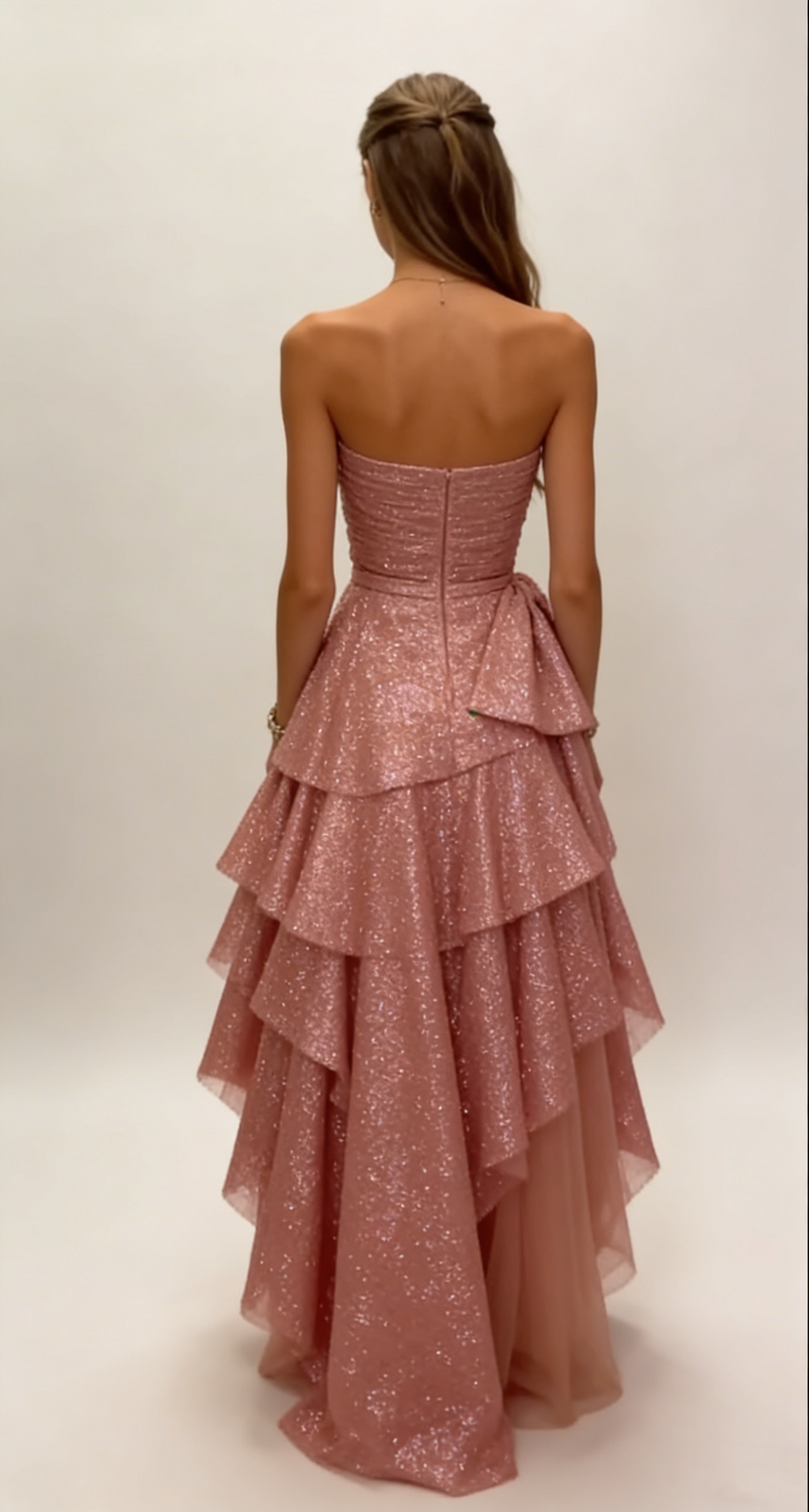 Robe de bal bustier asymétrique à volants en sequins rose brillant Robe de soirée Robe d'anniversaire DP3745