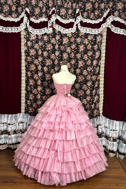 Retro Rosa Trägerloses A-Linie Satin Quinceanera Kleid Sweet 16 Geburtstag Ballkleid, DP5922