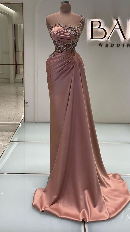 Vintage Pink Satin Beaded Prom Dress One-shoulder Evening Dress Party Dress Floor Length Formal Dress DP6866
