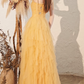 Elegant Yellow Spaghetti Straps Tiered Tulle A-Line Long Prom Dress DP8826