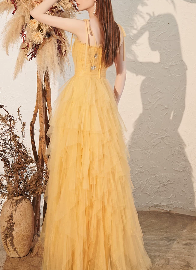 Elegant Yellow Spaghetti Straps Tiered Tulle A-Line Long Prom Dress DP8826
