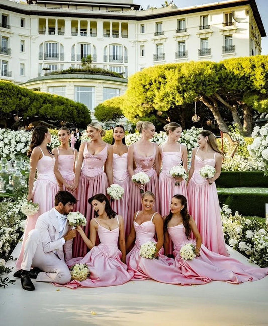 Wunderschönes rosa Spaghettiträger-A-Linien-Satin-Partykleid mit Herzausschnitt, Brautjungfernkleid DP6302