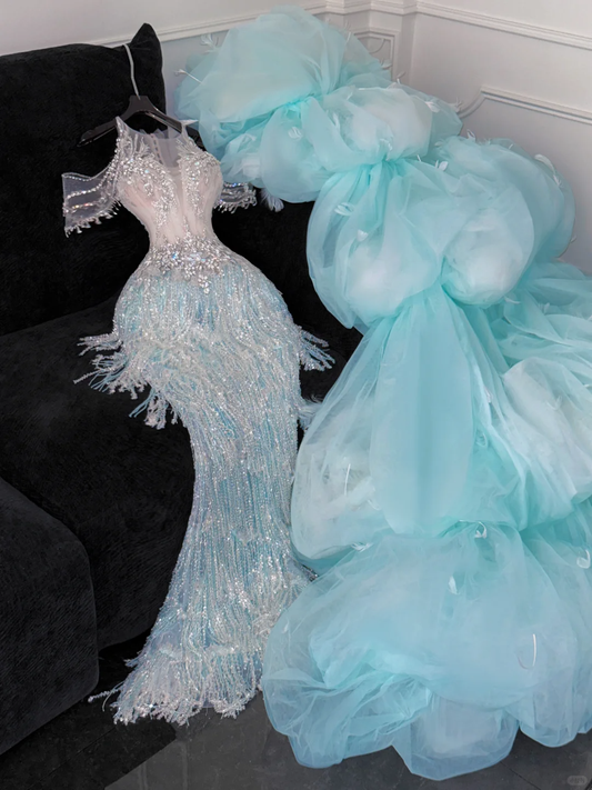 Shiny Light Blue Beaded Sequined Design Mermaid Prom Dress Evening Dress DP6224