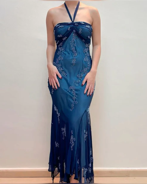 Vintage Halter Beadings Ruffles Long Prom Gown Evening Dress, DP3706