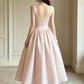 Elegant Pink Satin Square Neck Bow Tea Length A-Line Prom Dress DP8782