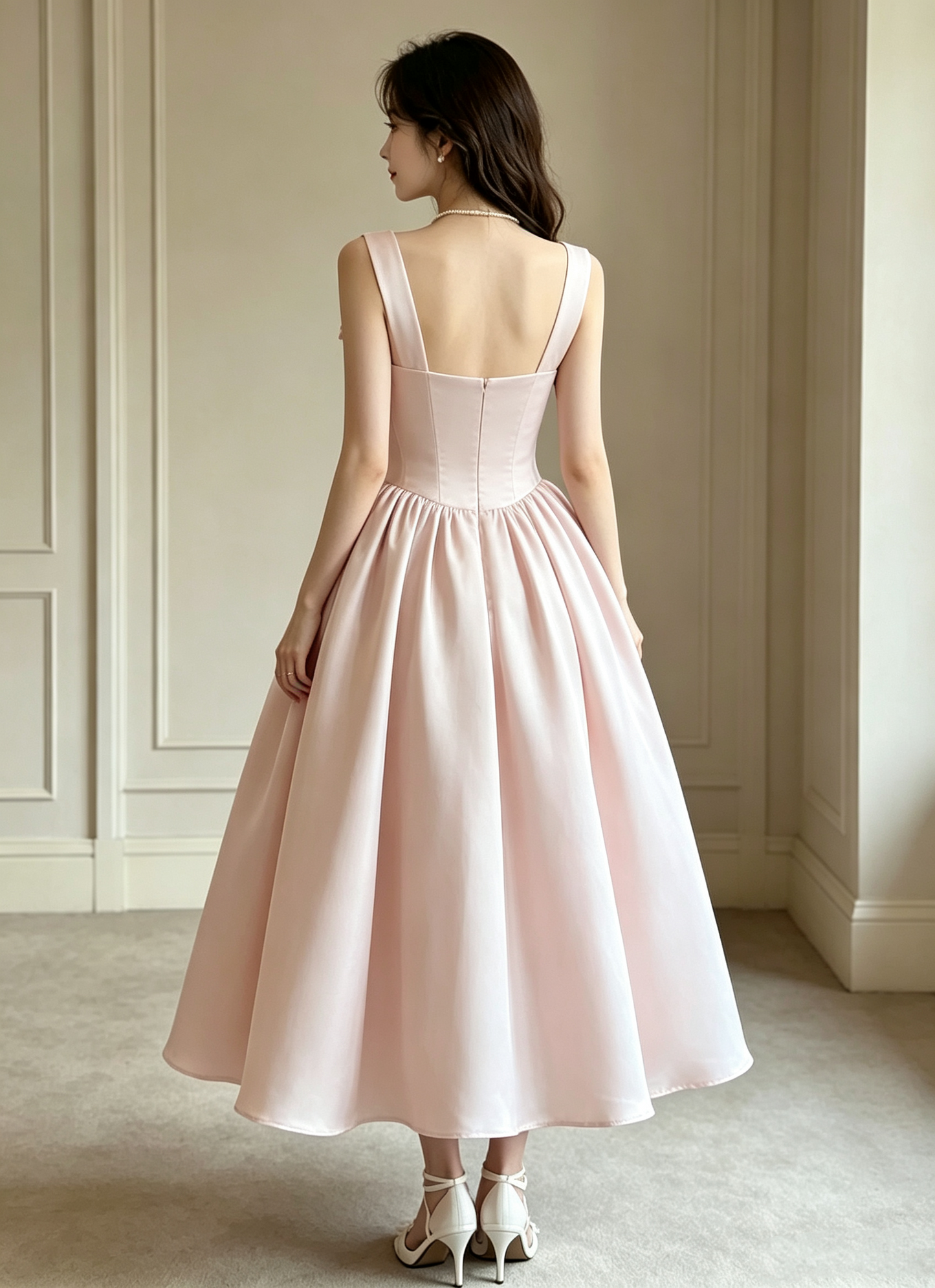 Elegant Pink Satin Square Neck Bow Tea Length A-Line Prom Dress DP8782