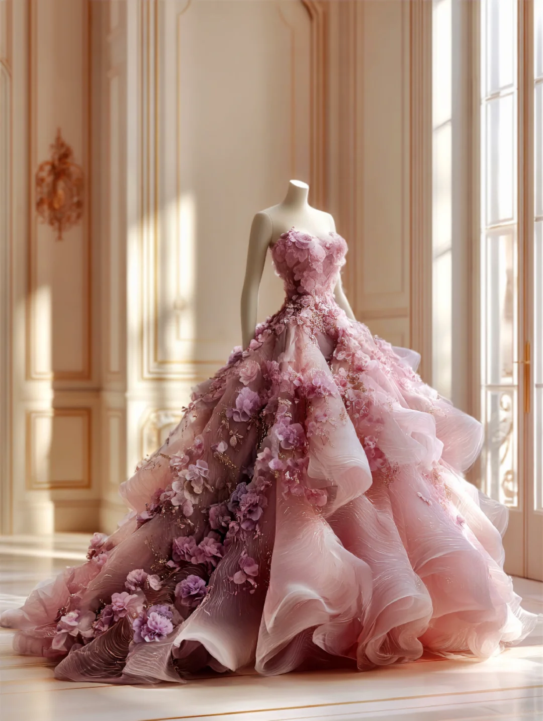 Gorgeous Pink 3D Floral Strapless Ruffled Tulle Sweet 15 Quinceanera Ball Gown DP7390