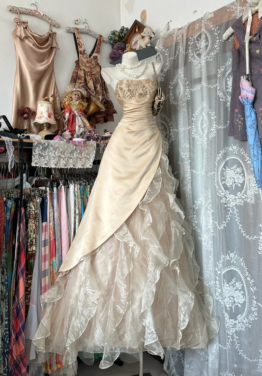 Romantic Champagne Strapless  Floral Embroidery & Layered Ruffle Prom Dress DP8318