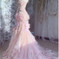 Chic Romantic Pink Floral Mermaid Prom Dress Ruffled Tulle 3D Flower Evening Gown DP7166