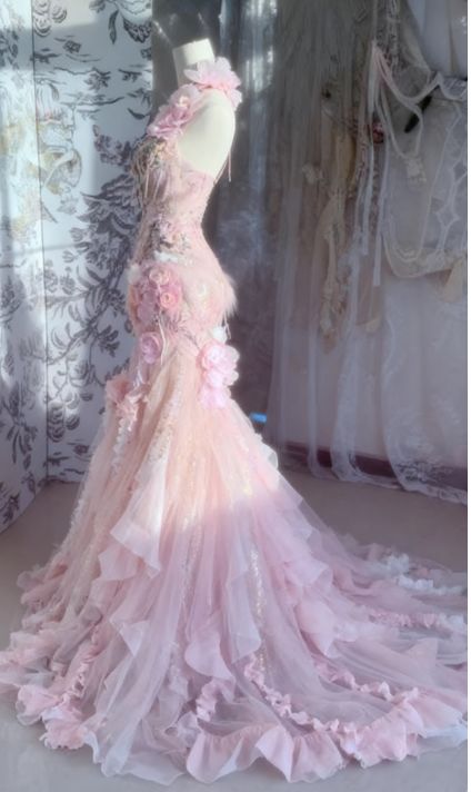Chic Romantic Pink Floral Mermaid Prom Dress Ruffled Tulle 3D Flower Evening Gown DP7166