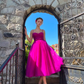 Elegant Fuchsia Spaghetti Strap Sweetheart Tulle A-Line Midi Evening Dress DP8093