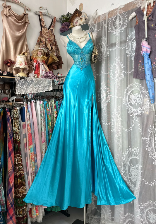 Vintage Turquoise Satin Mermaid Evening Dress Beaded High Slit Prom Dress DP8326