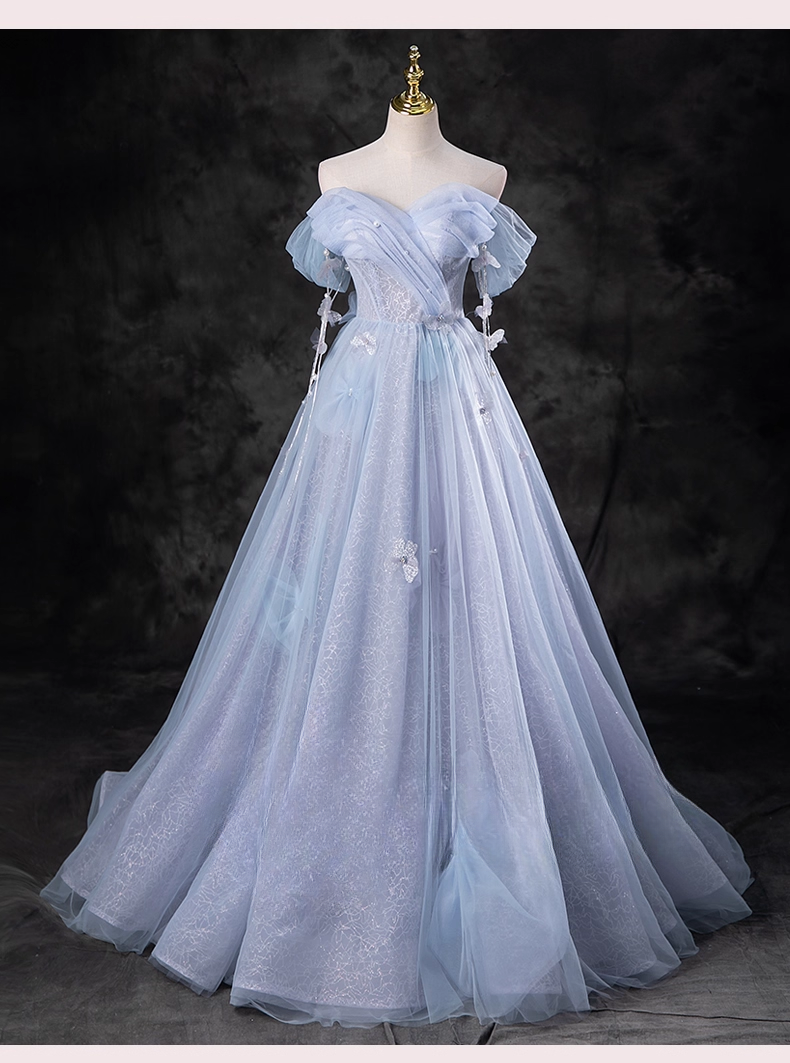 Elegant Sky Blue Applique Sweet 16 Quinceanera A-Line Sweetheart off-the shoulder Evening Dress Tulle Floor Length Ball Gown DP6920