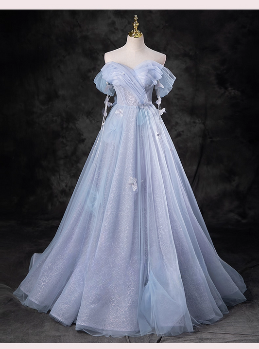 Elegant Sky Blue Applique Sweet 16 Quinceanera A-Line Sweetheart off-the shoulder Evening Dress Tulle Floor Length Ball Gown DP6920