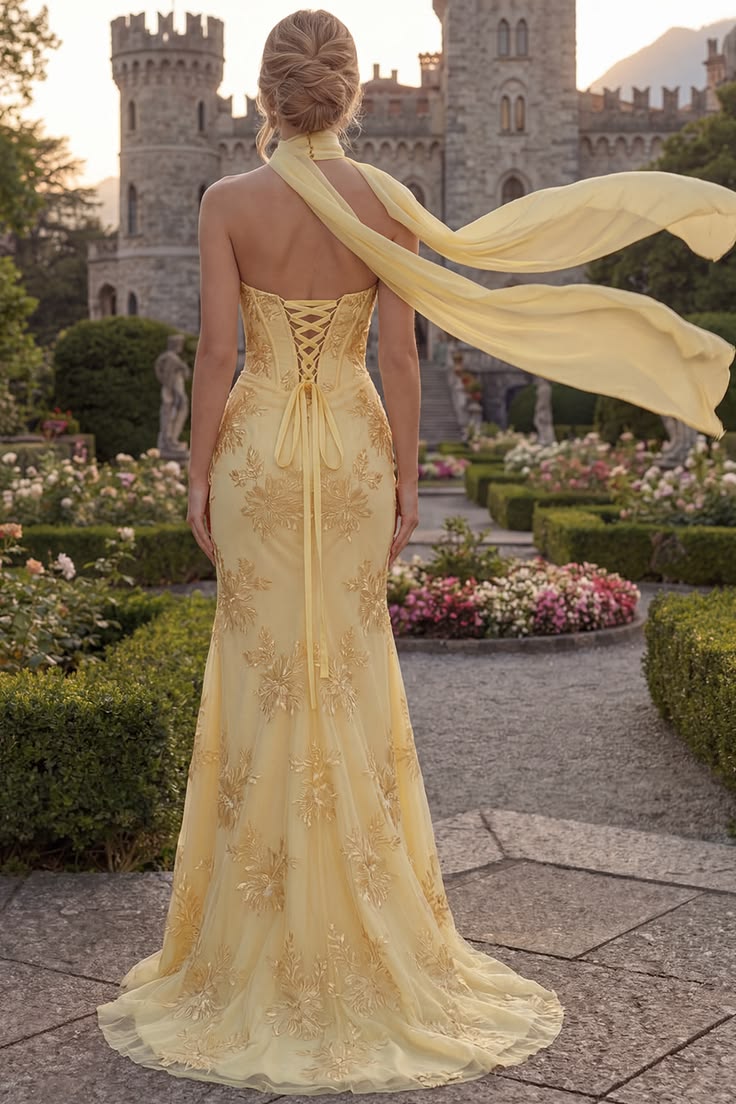 Dreamy Floral Embroidered Strapless Sweetheart Mermaid Evening Gown with Flowing Scarf DP8160