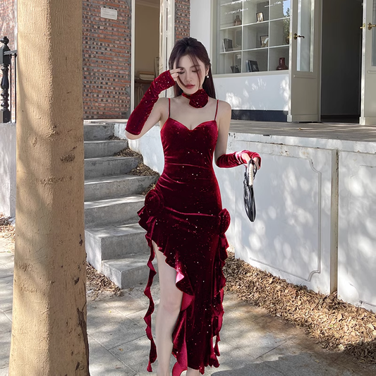Vintage Glitzernde Pailletten Liebsten Spaghetti Strap Rüschen High Slit Ballkleid Abendkleid DP6407