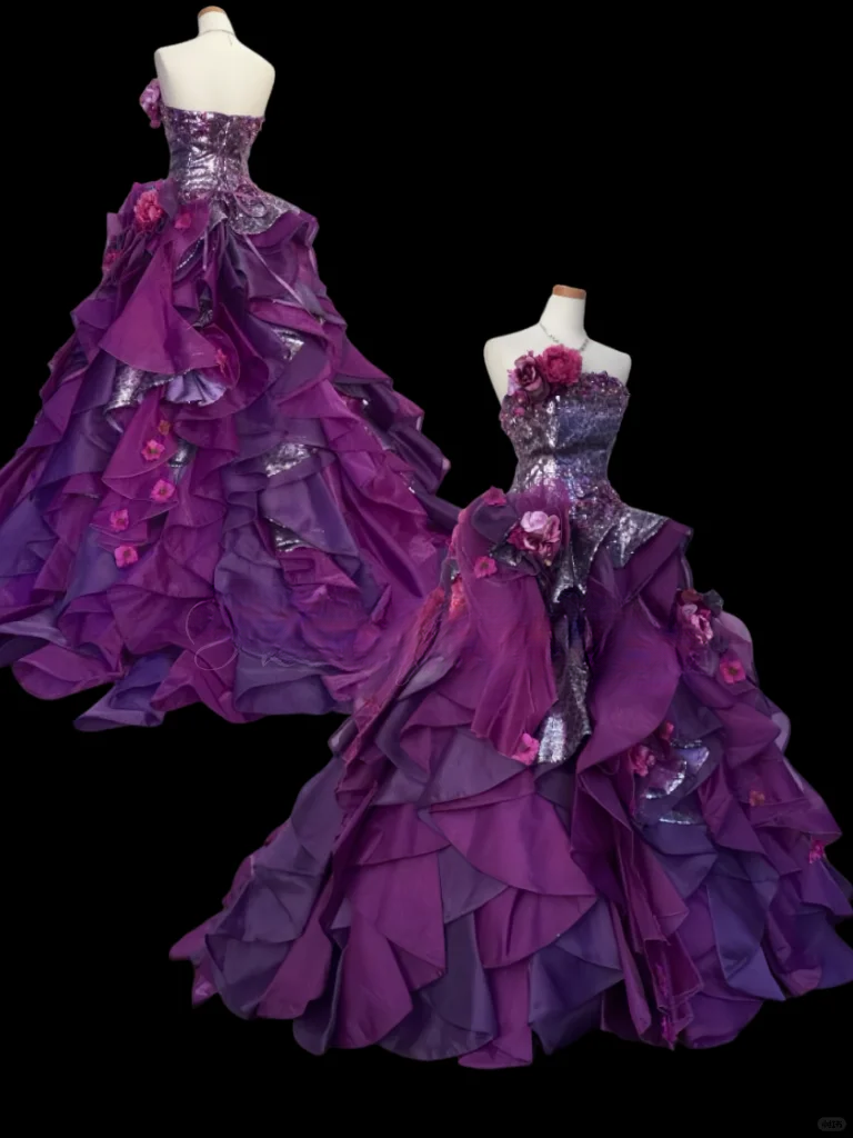 Glamorous Purple Sequined Strapless 3D Floral Applique Layered Ruffles Sweet 16 Quinceanera Ball Gown DP7277