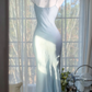 Elegant Light Blue Beaded Mermaid Prom Dress Spaghetti Strap Evening Dress DP8123