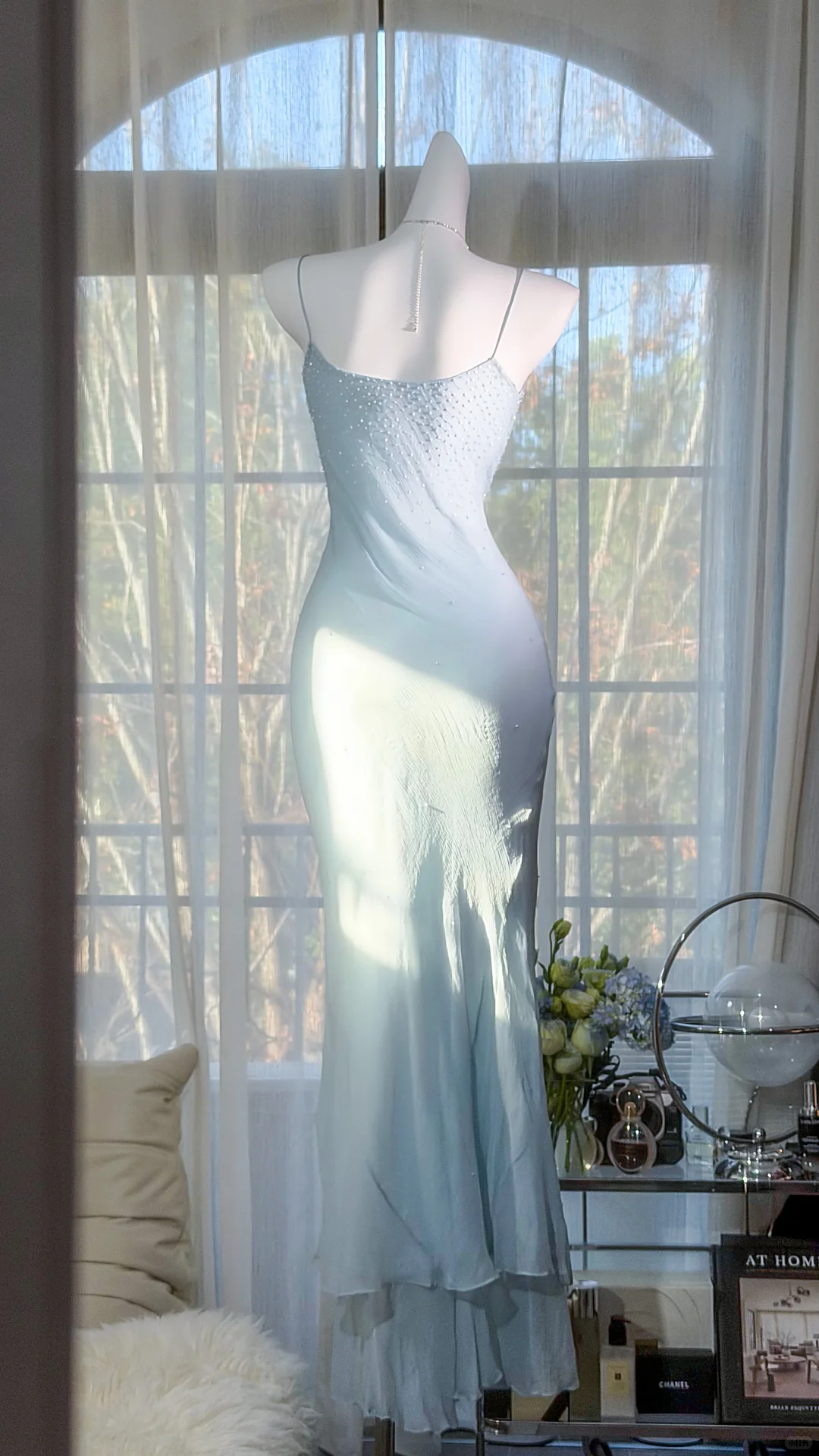 Elegant Light Blue Beaded Mermaid Prom Dress Spaghetti Strap Evening Dress DP8123