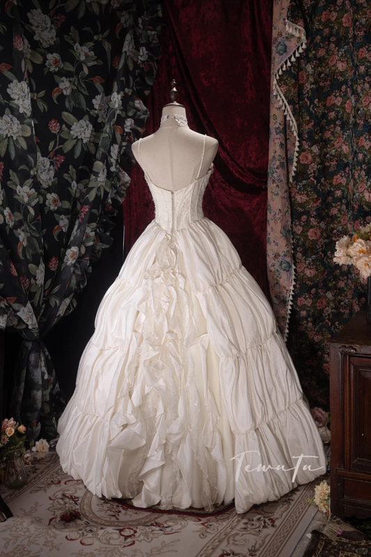 Vintage Ivory Strapless Tiered Lace Spaghetti Strap Wedding Dress DP8347