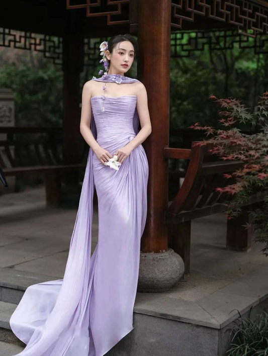 Elegant Light Purple Strapless Sheath Chiffon Long Evening Dress Prom Dresses DP6194