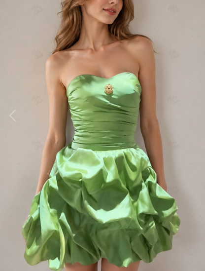 Elegant Green Strapless Sweetheart Satin Ruched Bodice Bubble A-Line Homecoming Dress DP8690