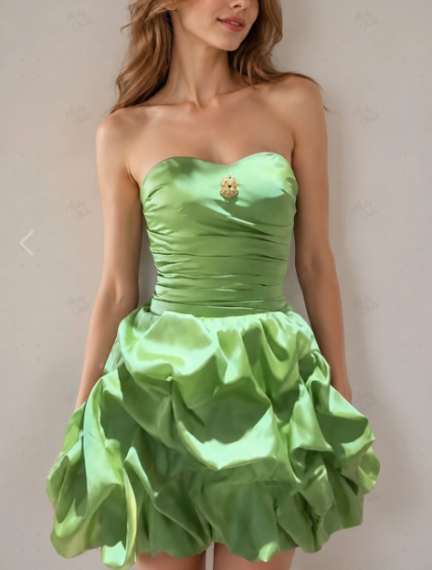 Elegant Green Strapless Sweetheart Satin Ruched Bodice Bubble A-Line Homecoming Dress DP8690