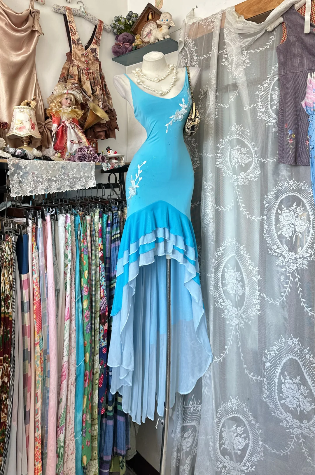 Vintage Light Blue Floral Appliques Tiered Ruffle Prom Dress DP8337