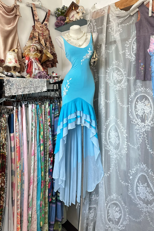 Vintage Light Blue Floral Appliques Tiered Ruffle Prom Dress DP8337