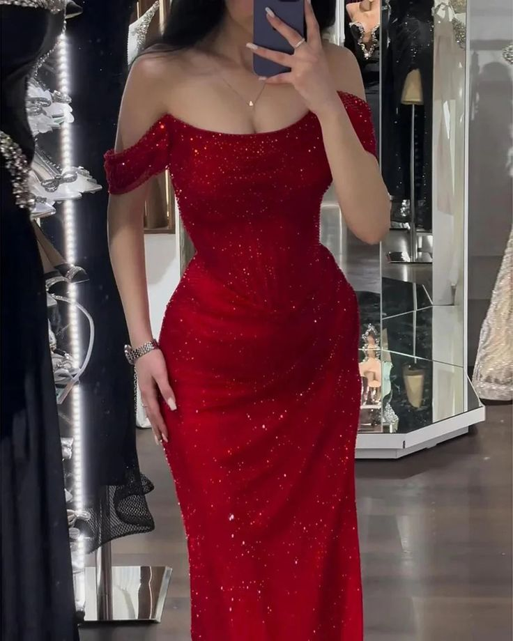 Red off Shoulder Shiny Mermaid Long Party Dress Birthday Outfits DP3964