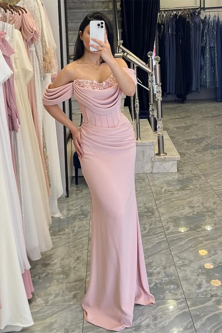 Elegant Pink Off-the-Shoulder Mermaid Ruched Evening Gown DP8712