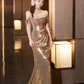 Champagne Gold Off Shoulder Mermaid Sequins Long Evening Party Dresses, DP5512