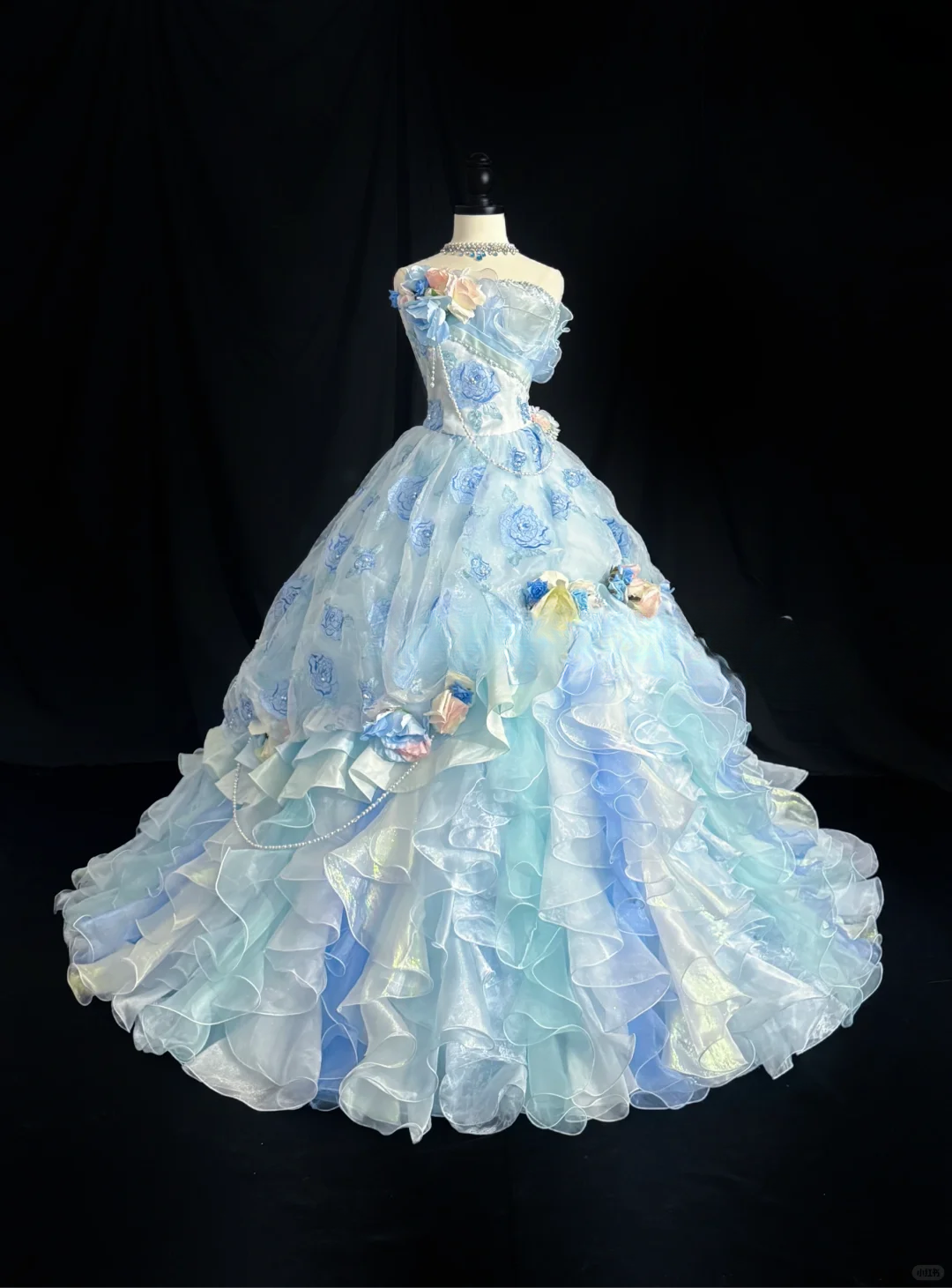 Enchanting Sky Blue Strapless 3D Floral Applique Ruffled Tulle Iridescent Fairycore Sweet 16 Quinceanera Ball Gown DP7279