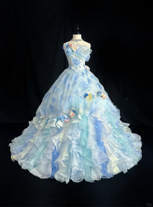 Enchanting Sky Blue Strapless 3D Floral Applique Ruffled Tulle Iridescent Fairycore Sweet 16 Quinceanera Ball Gown DP7279