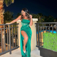 Green Strapless Satin Long Party Dress Birthday Outfits with Slit, DP3629