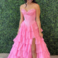 Dreamy Strapless Swetheart Ruffled Tiered High Slit Ball Gown DP8159
