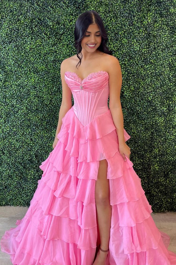 Dreamy Strapless Swetheart Ruffled Tiered High Slit Ball Gown DP8159