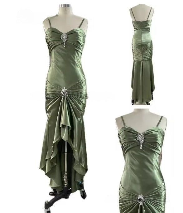 Retro Glam Olive Green Satin Mermaid Prom Dress Spaghetti Strap Ruffled Evening Gown DP7911