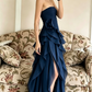 Elegant Navy Blue Strapless Ruffled High Slit A-Line Evening Gown DP8576