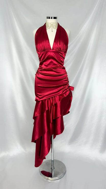 Vintage Wine Red Halter Satin Long Evening Party Dress Birthday Outfits, DP4389