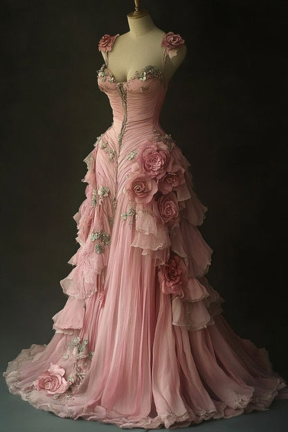Chic Romantic Pink 3D Rose Appliques Tiered Ruffles Beaded Evening Gown DP7167