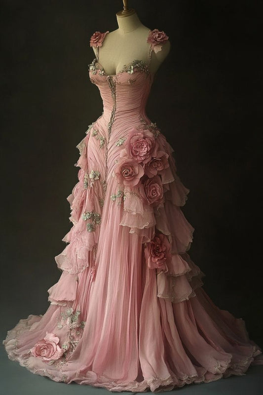 Chic Romantic Pink 3D Rose Appliques Tiered Ruffles Beaded Evening Gown DP7167