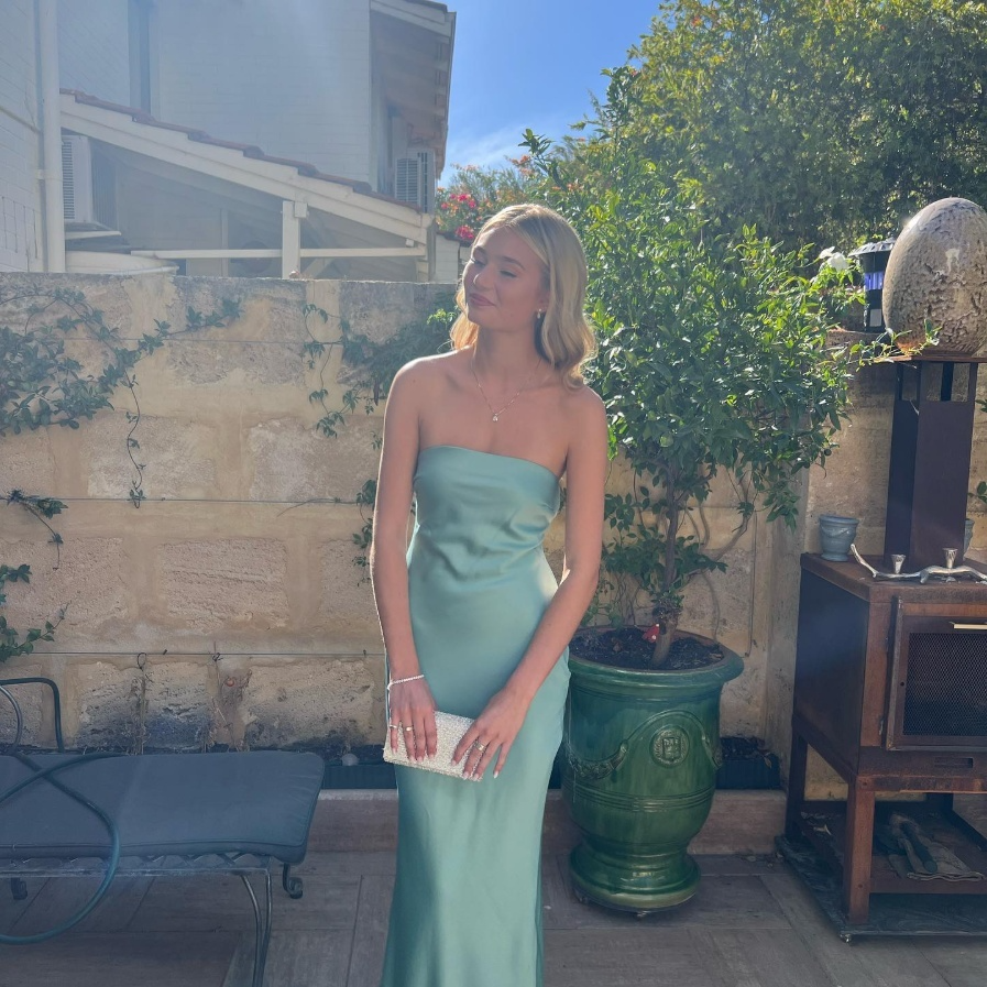 Light Blue Strapless Simple Elegant Long Wedding Guest Dress, DP3555