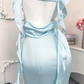 Vintage Light Blue Satin Cowl Neck Mermaid Ruffle Spaghetti Straps Ruched Prom Dress DP8569