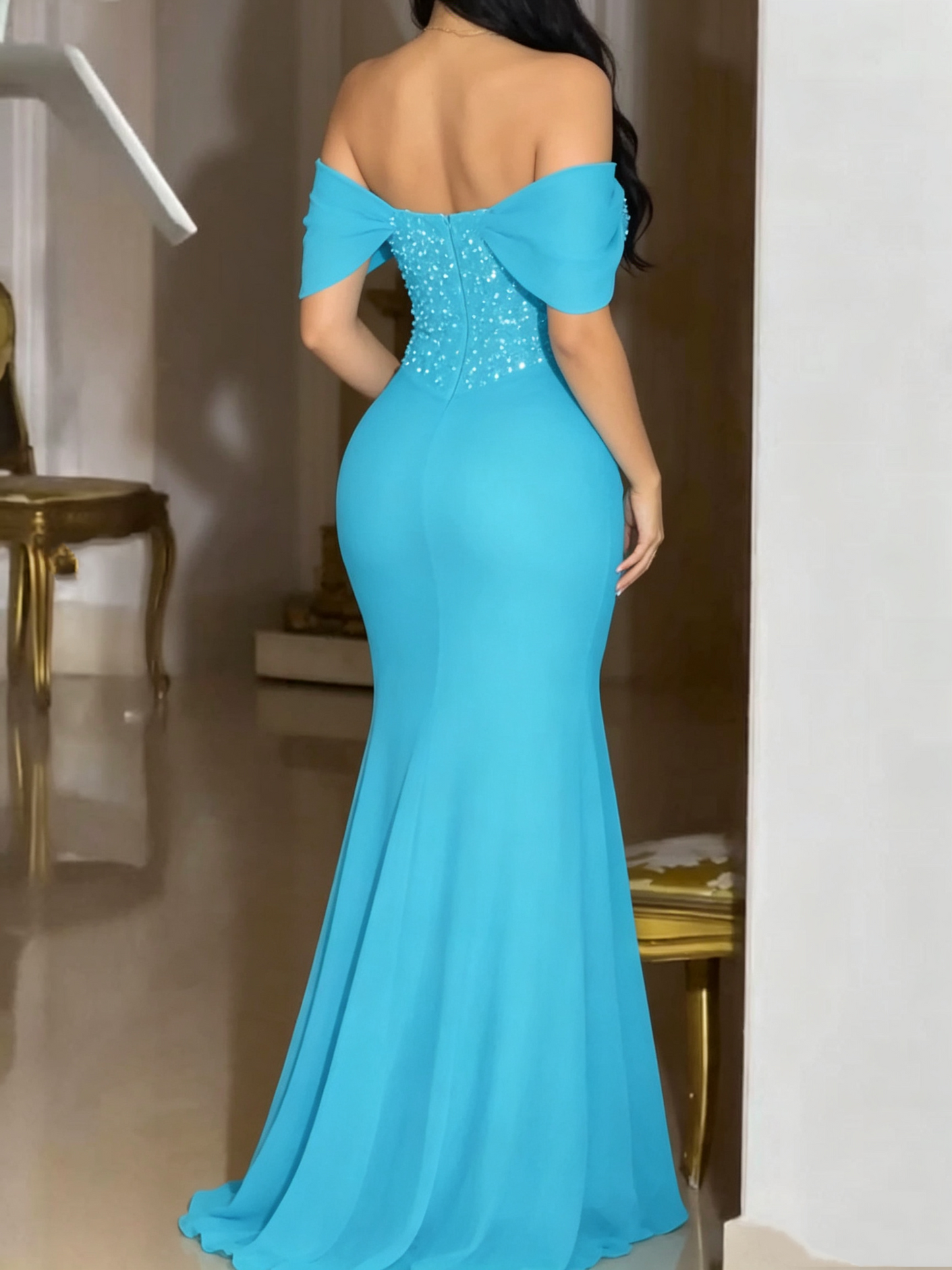 Elegant Turquoise Off-the-Shoulder Sparkly Sequin Chiffon Sweetheart Evening Gown DP8636