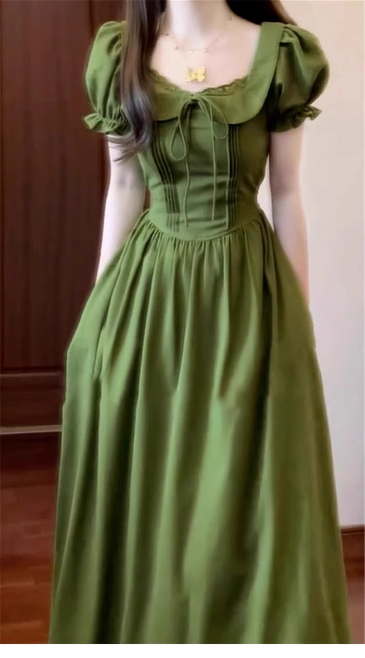 Vintage Olive Green Prom Dress A-Line Short-sleeve Evening Dress Long Formal Dress DP6710
