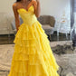 Elegant Strapless Sweetheart Tiered Evening Gown with High Slit DP7929
